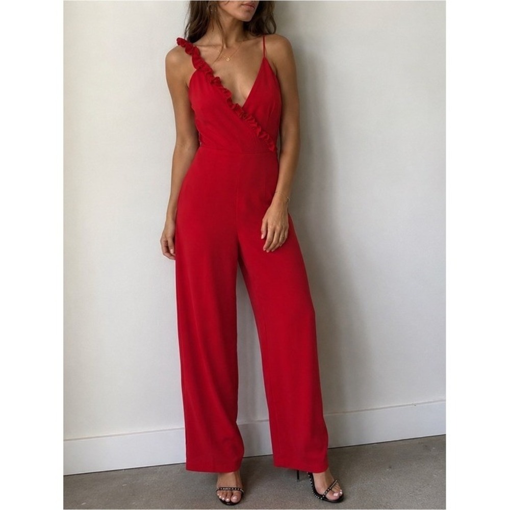 Keepsake The Label Cherry Red Forget You Ruffle Wide Leg Jumpsuit XS Party